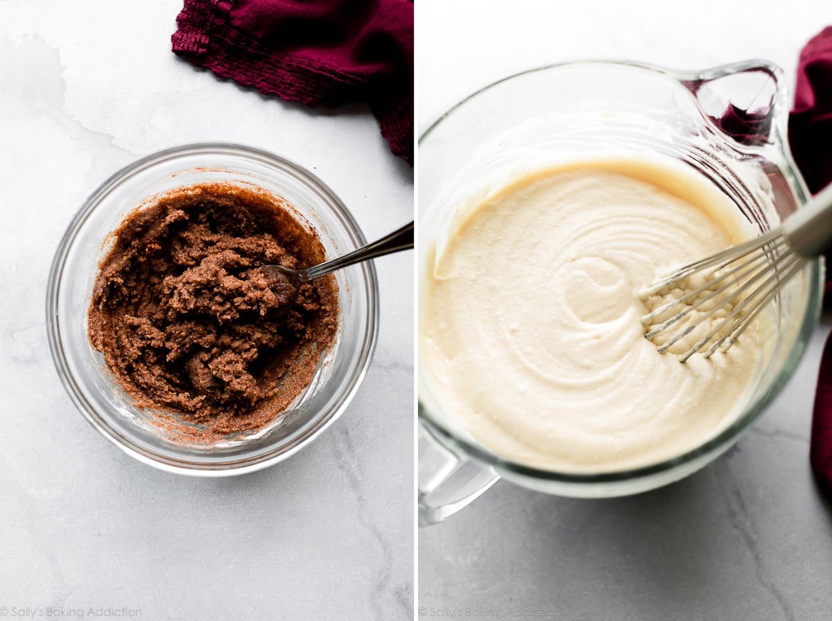 2 images of cinnamon swirl cake batter in bowls