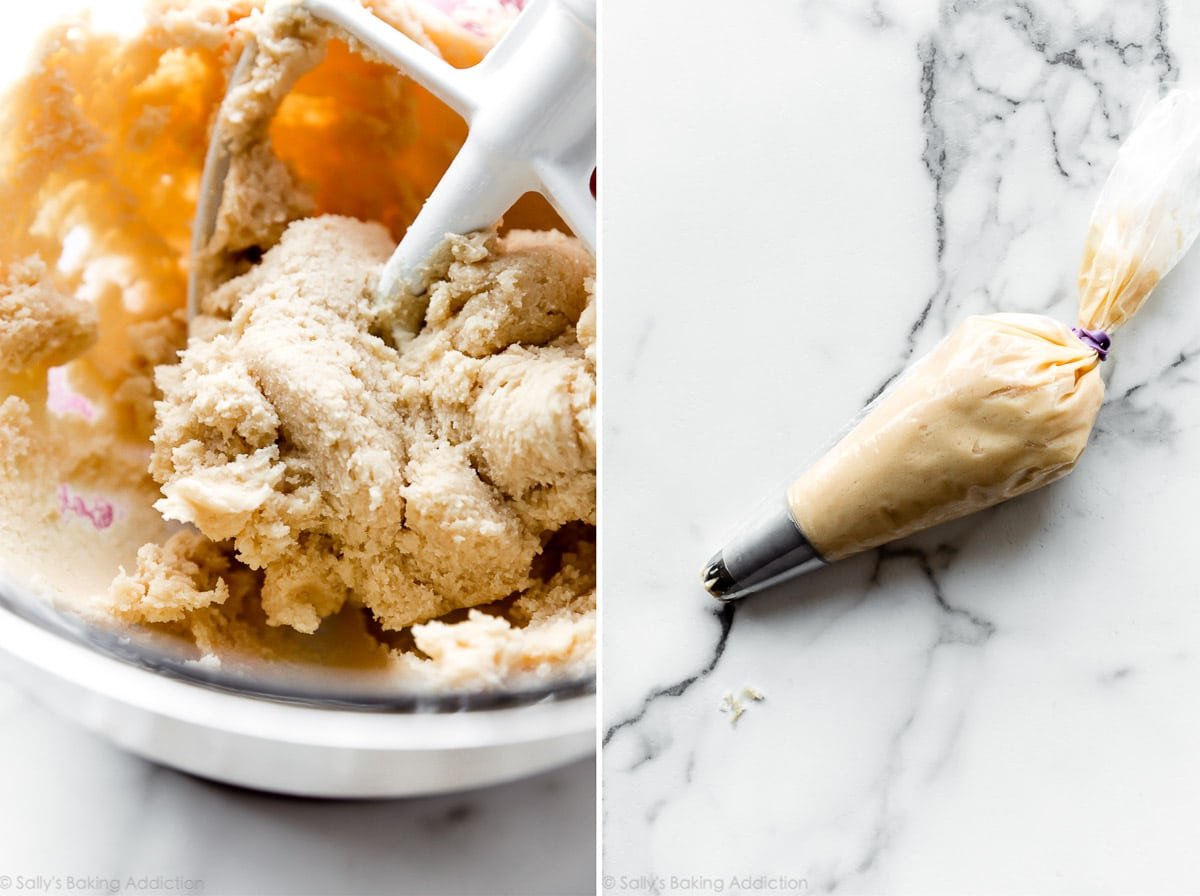 butter cookie dough in a mixing bowl and in a piping bag