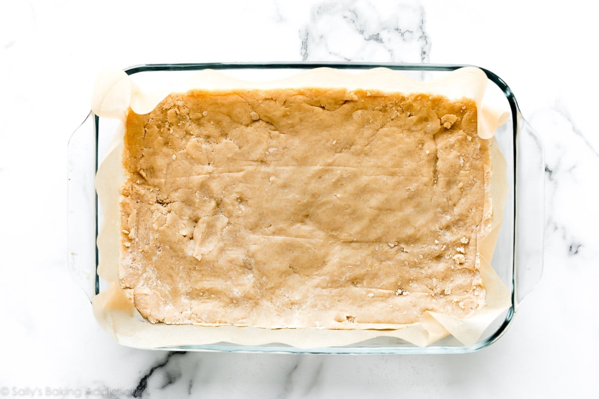 shortbread crust in a glass baking pan