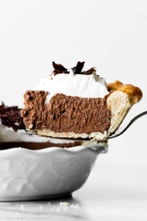 slice of French silk pie on a pie server