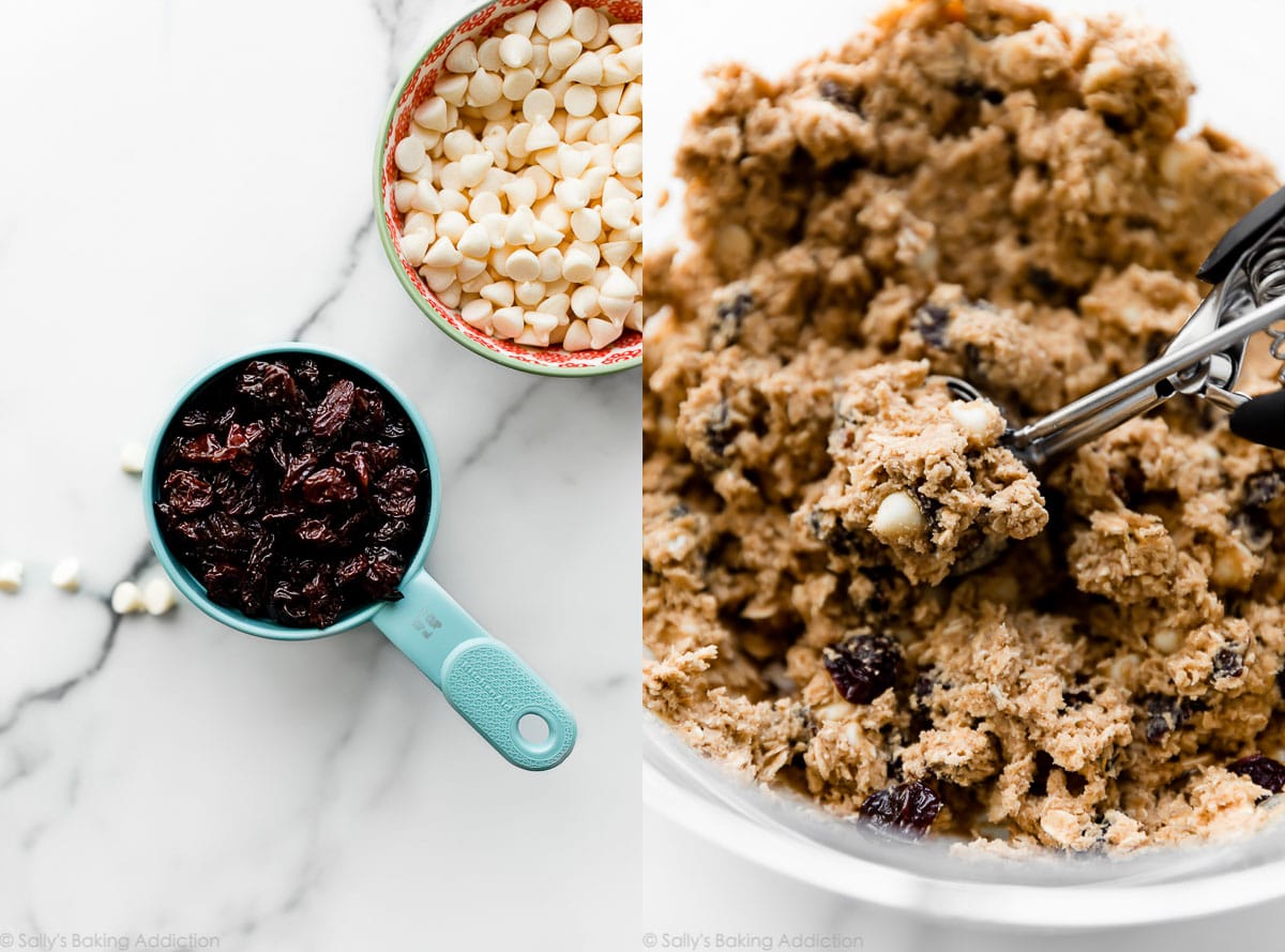 collate of dried cranberries and white chocolate chips and white chocolate cherry oatmeal cookie dough in a glass bowl