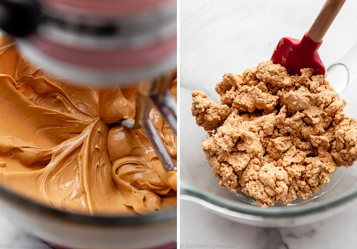 mixture in glass bowl before and after adding confectioners' sugar.