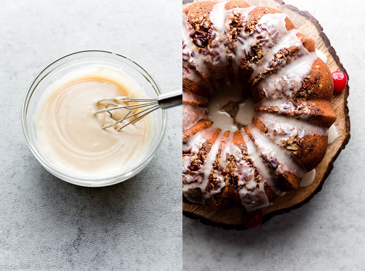 rum cake icing in a bowl and rum cake with icing on top