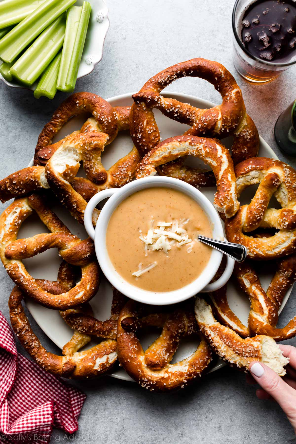 beer cheese dip and pretzels