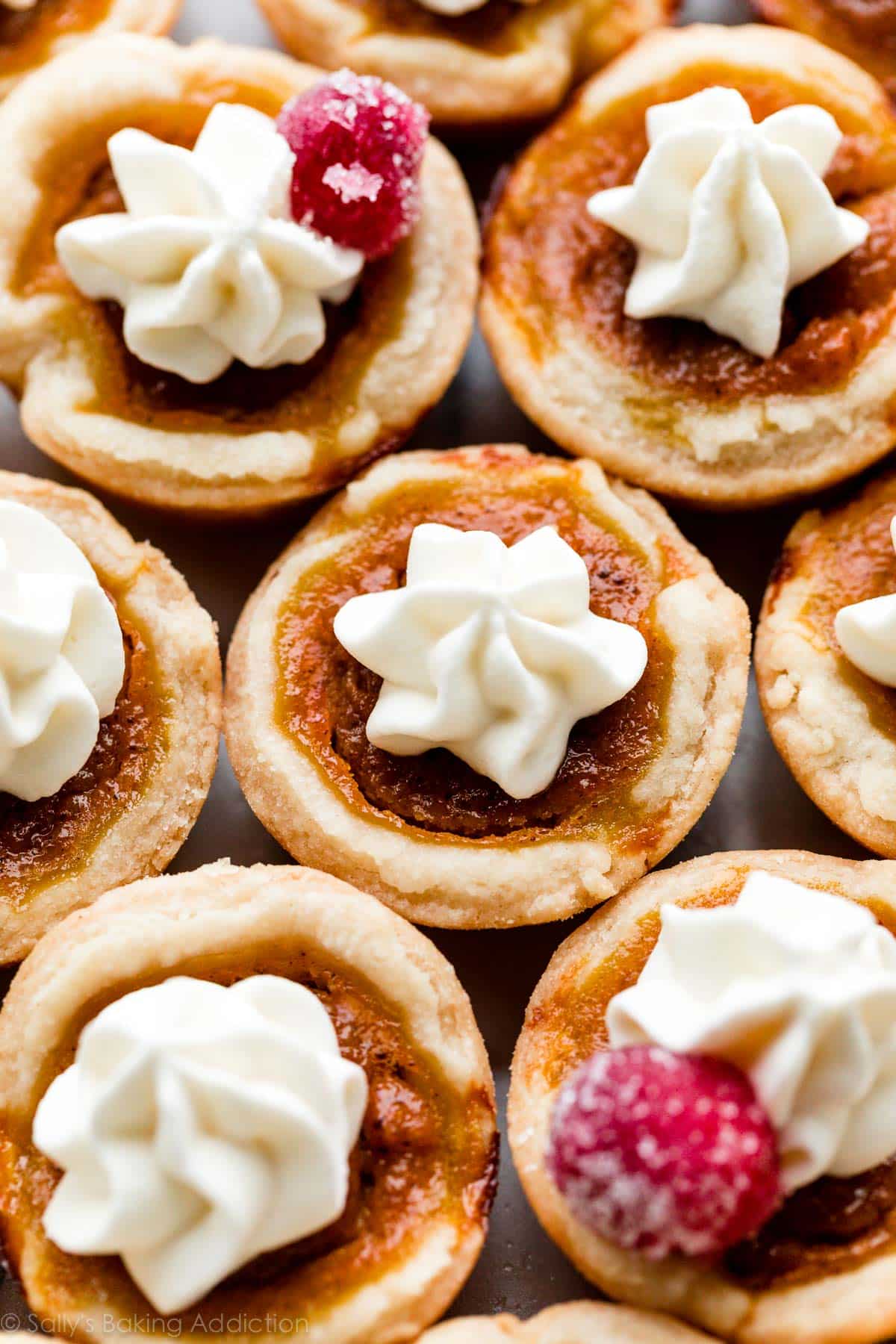 mini pumpkin pies with whipped cream on top