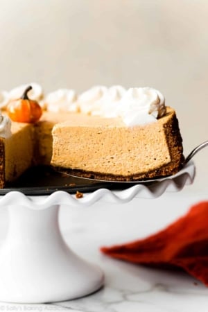 a slice of no bake pumpkin cheesecake