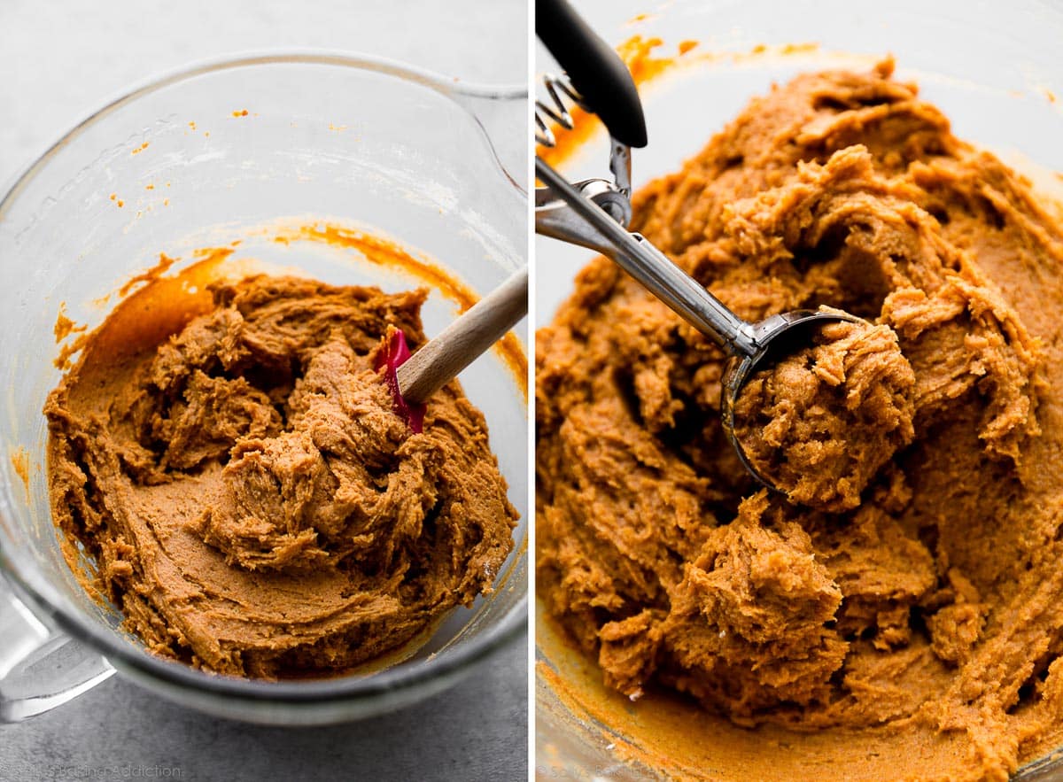 pumpkin cookie dough in glass mixing bowl