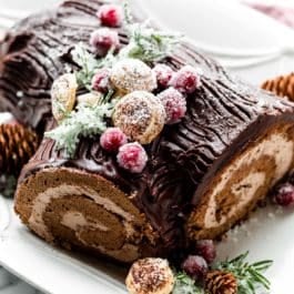 yule log (buche de noel) with chocolate ganache and meringue mushrooms