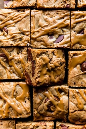 overhead photo of mocha blondies with espresso glaze drizzled on top