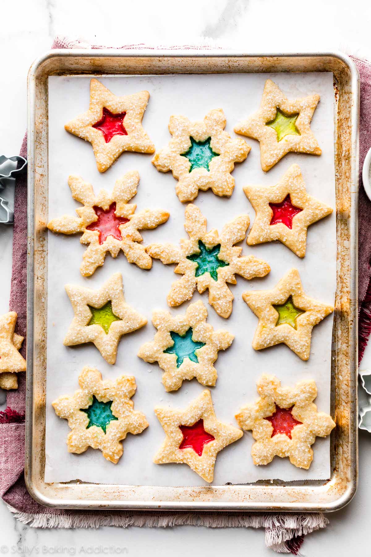 stained glass window cookies on baking sheet