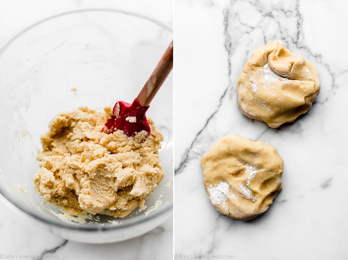 sugar cookie dough in bowl and divided in half