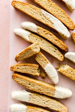 vanilla bean biscotti dipped in white chocolate