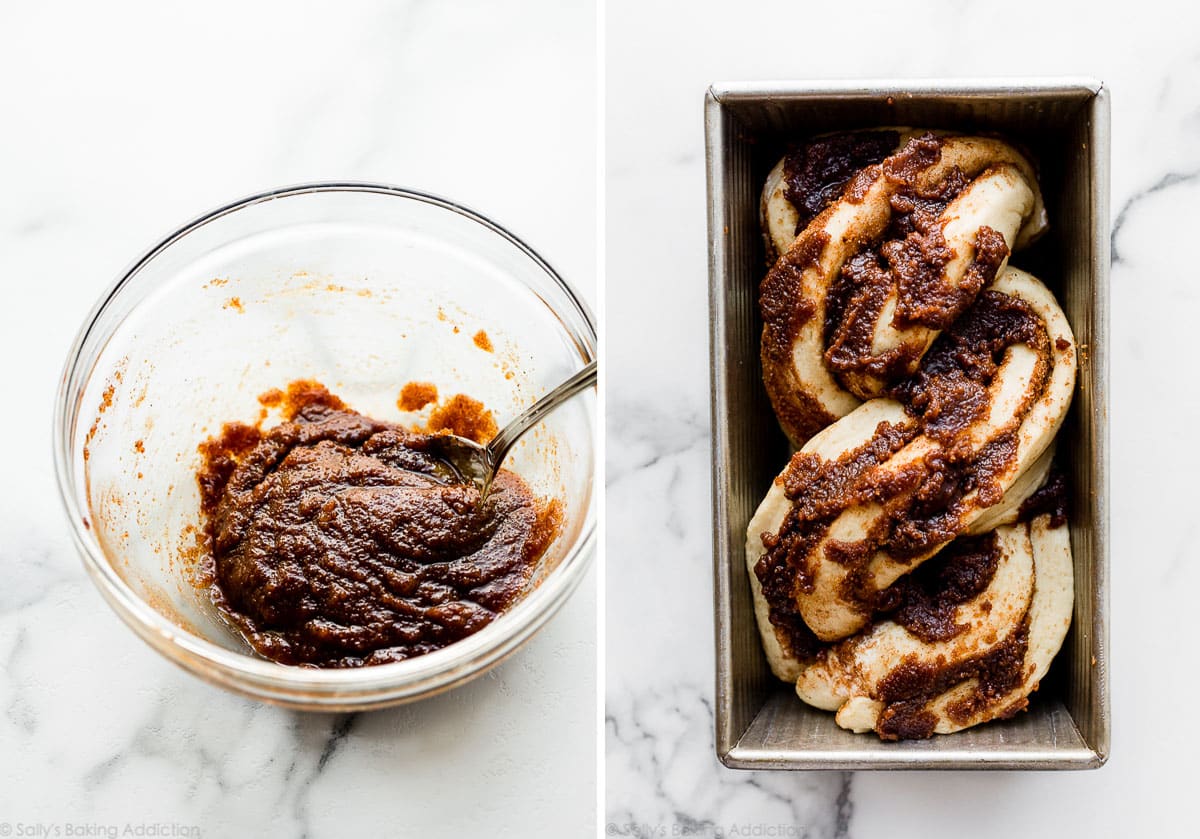 cinnamon crunchy topping on top of bread loaf before baking