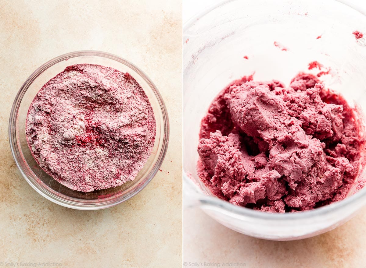 side-by-side photos of raspberry cookie dry ingredients and the finished dough