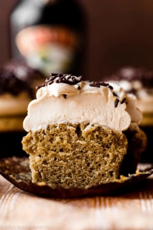 close-up photo of Baileys and coffee cupcake cut in half