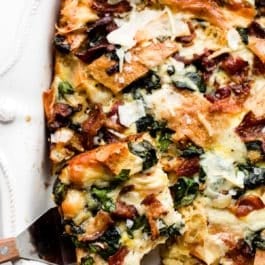 overhead photo of spinach bacon egg breakfast strata