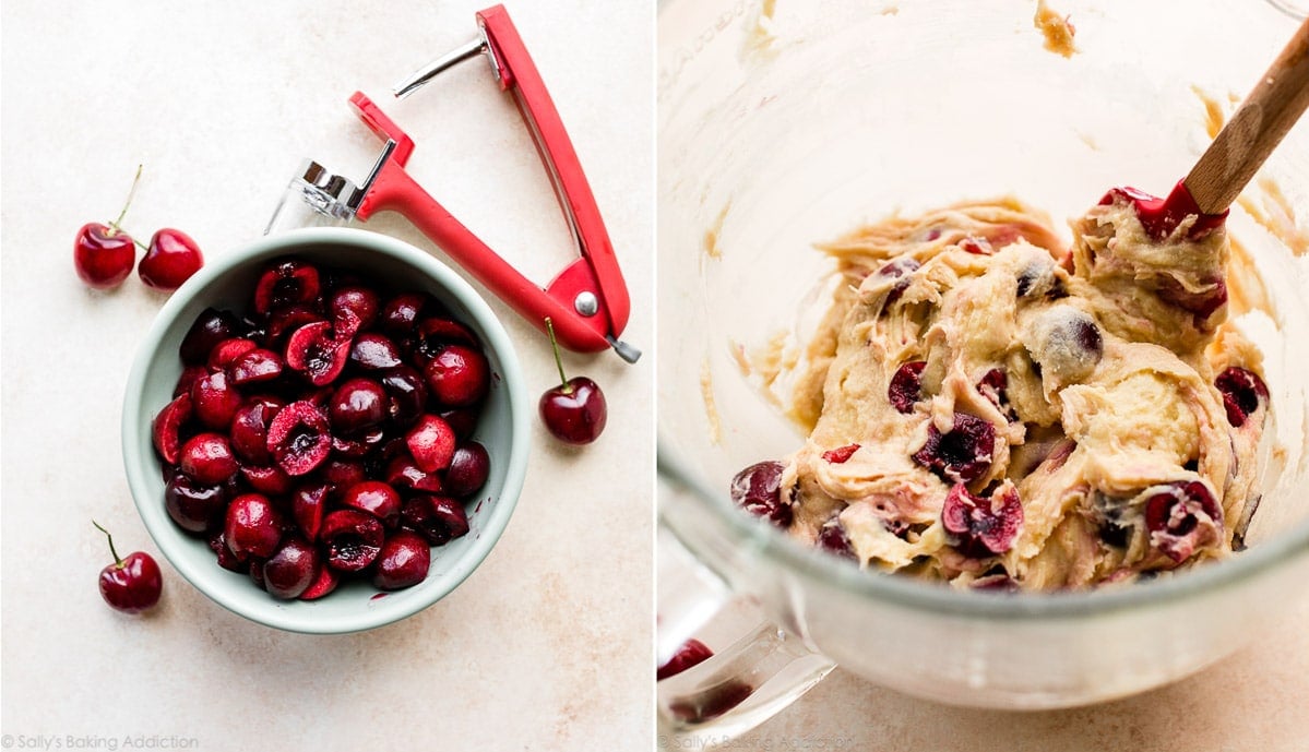 halved pitted cherries in cake batter