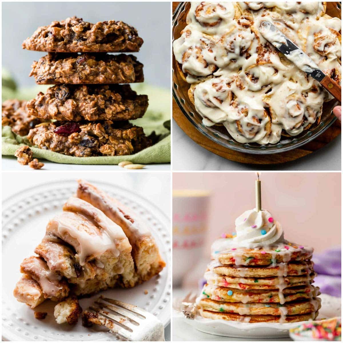 collage of food images including stack of cookies cream cheese-frosted cinnamon rolls, slice of cinnamon roll cake, and sprinkle pancakes.