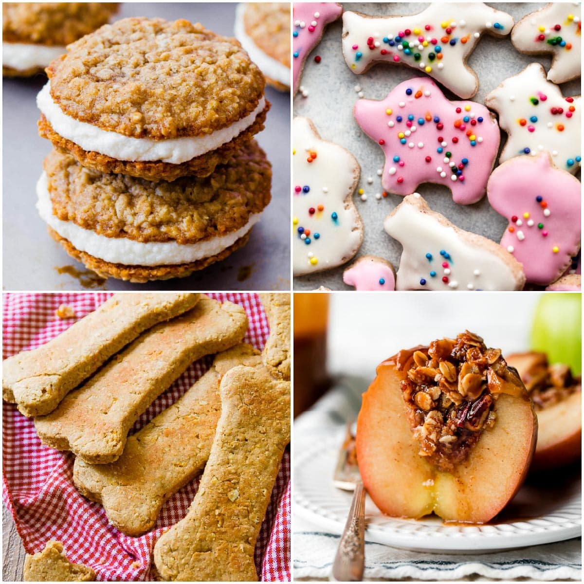 collate photo of baking recipes including oatmeal creme pies, homemade animal cracker cookies, homemade dog treat bones, and baked apples