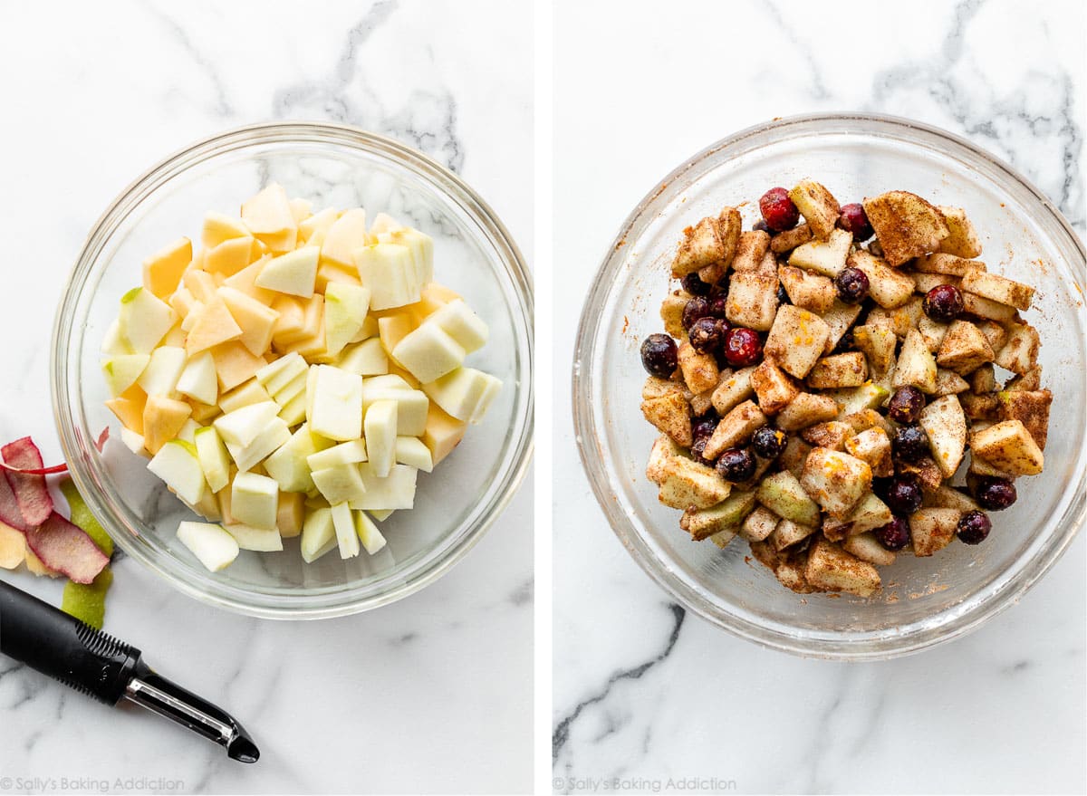 chopped apples in glass bowl and shown again with other pie filling ingredients