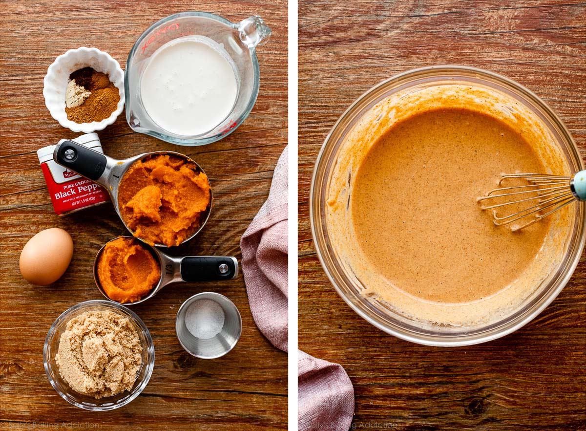 pumpkin and ingredients for tart and picture of the filling in a glass bowl