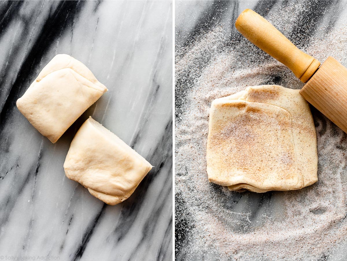 two halves of homemade rough puff pastry and one half being rolled out with cinnamon sugar