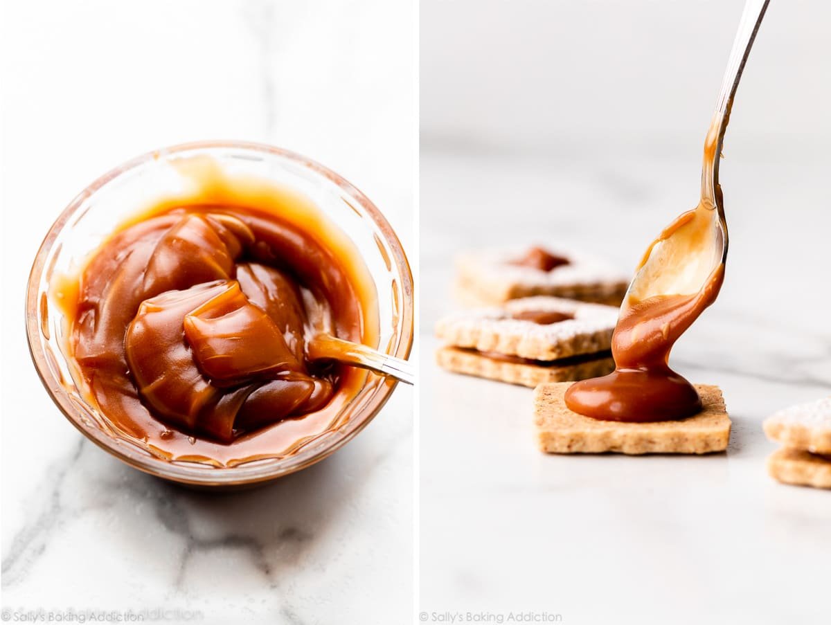 caramel in bowl and being spooned onto hazelnut cookie