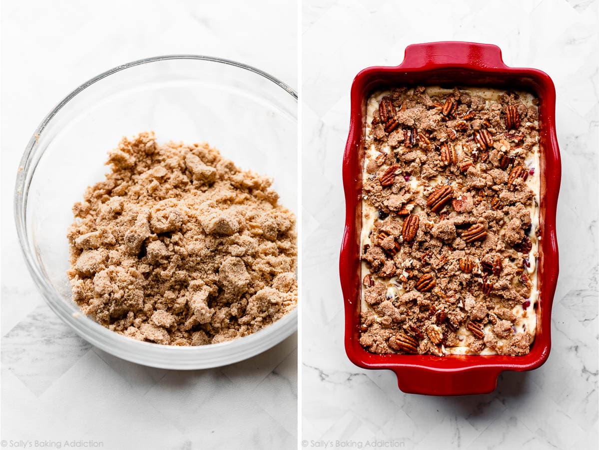 crumb topping in bowl and spread over cake batter