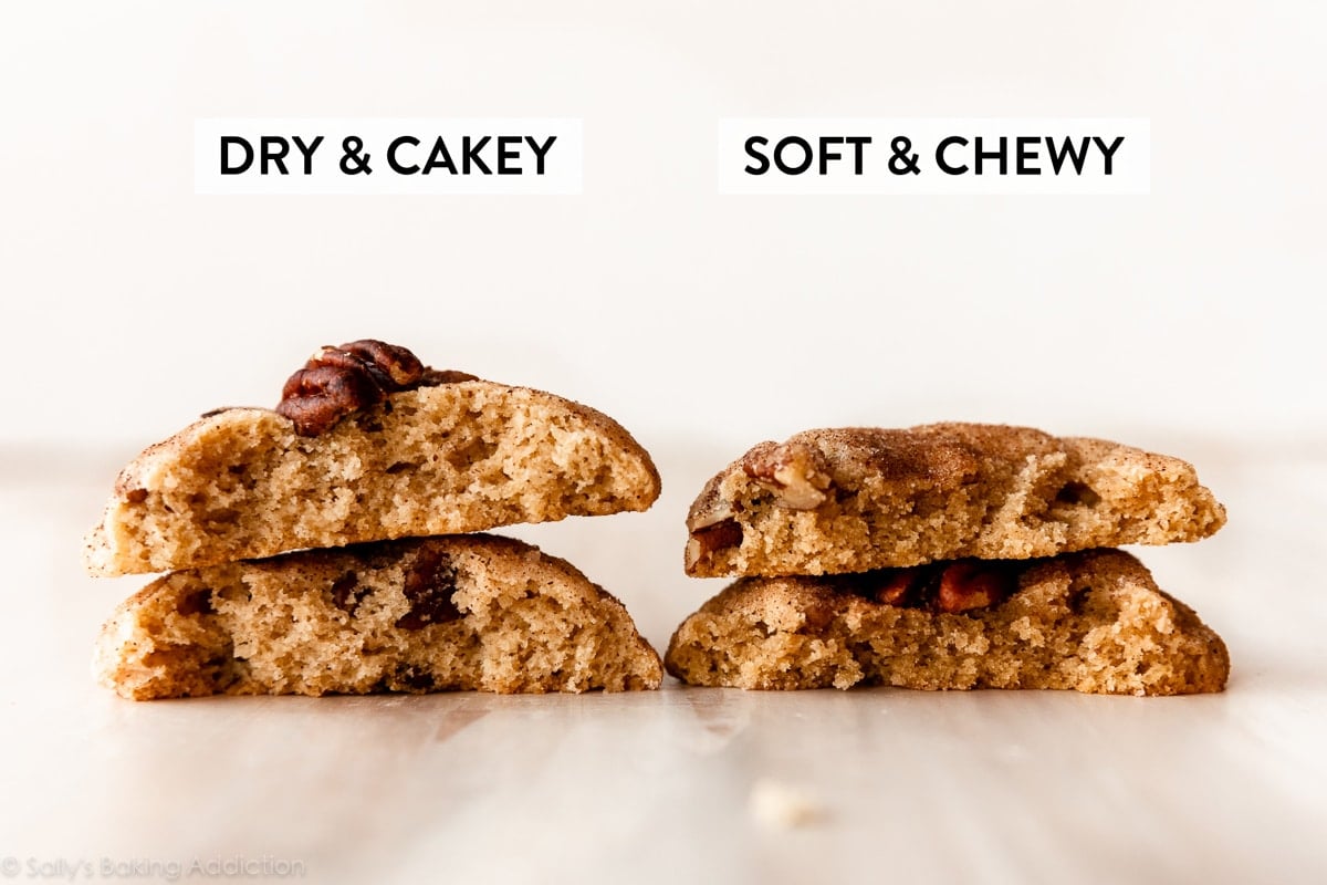 maple pecan snickerdoodle cookies broken in half to show the texture difference