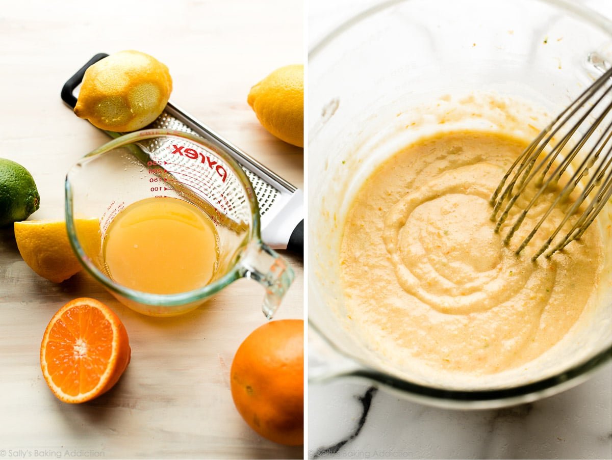 fresh citrus juice in measuring cup and citrus cake batter