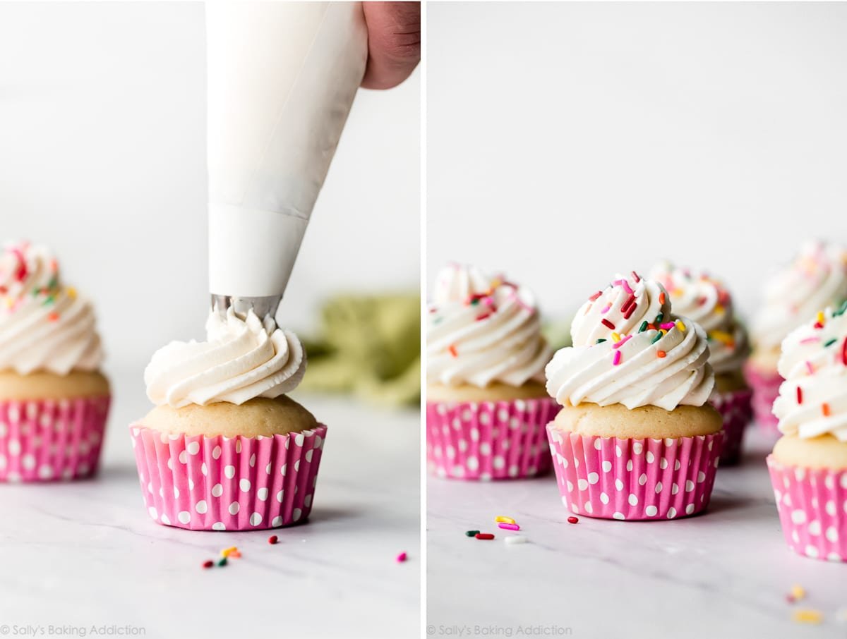 piping whipped frosting on cupcakes with piping bag and tip