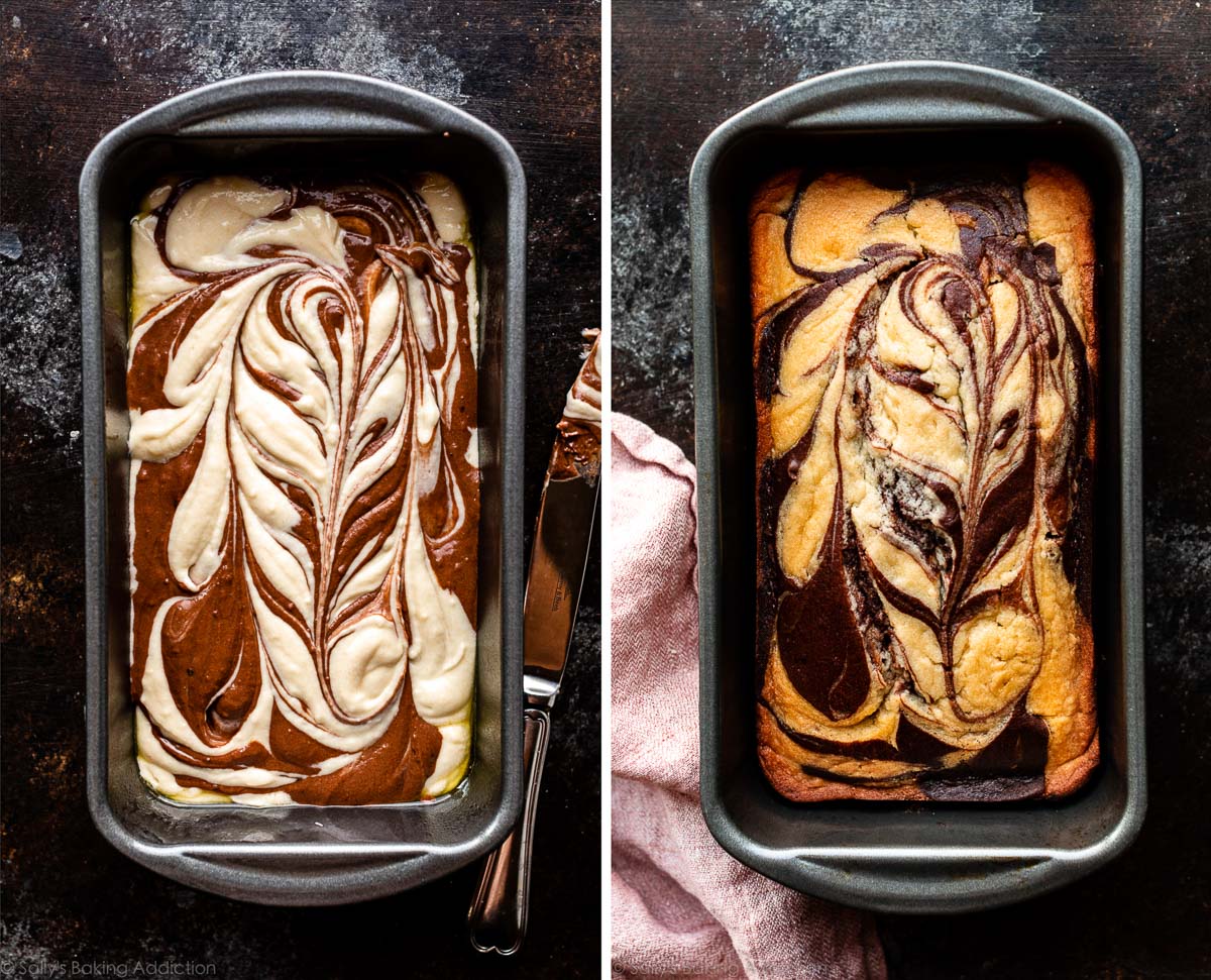 marble loaf cake before and after baking