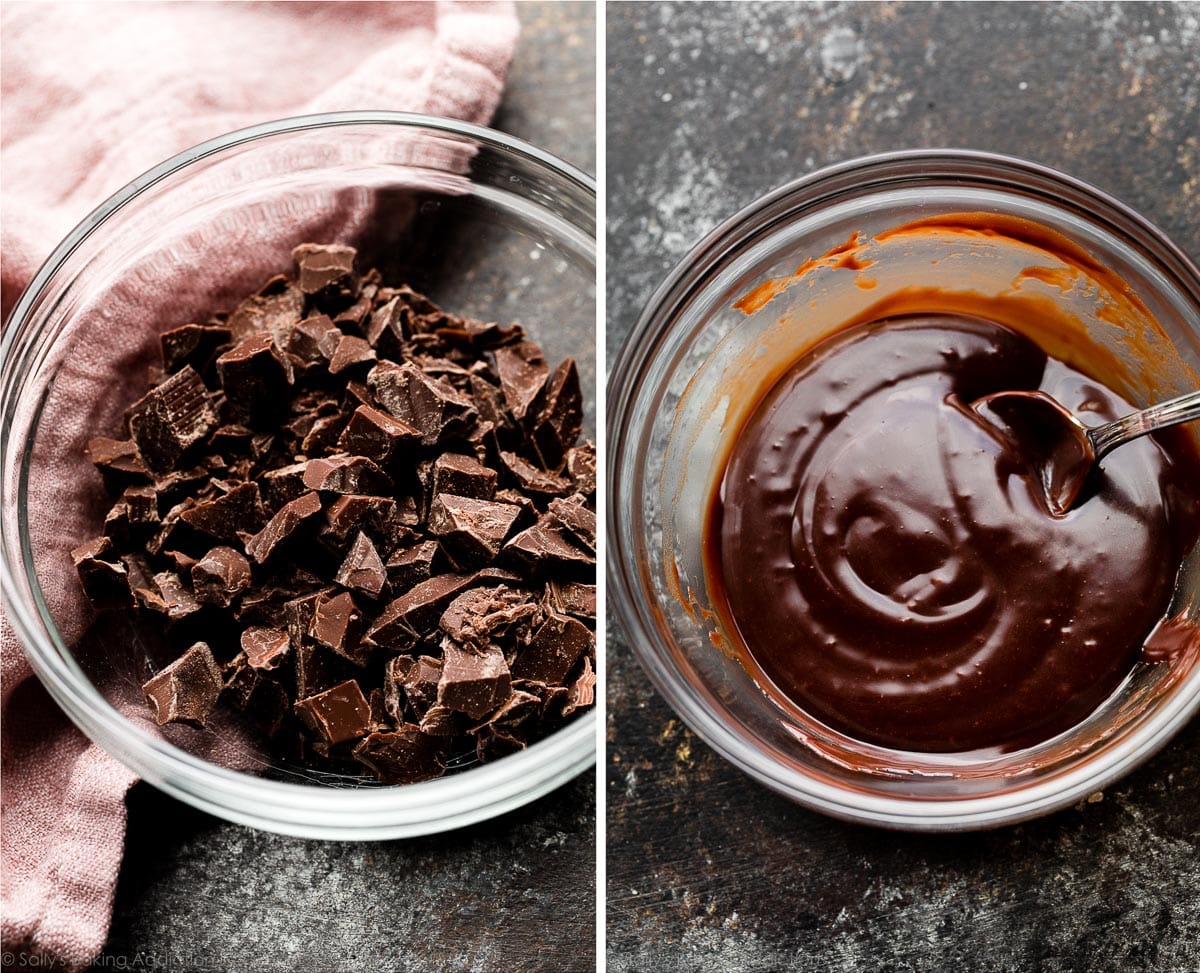 chopped chocolate in bowl and shown again melted as ganache