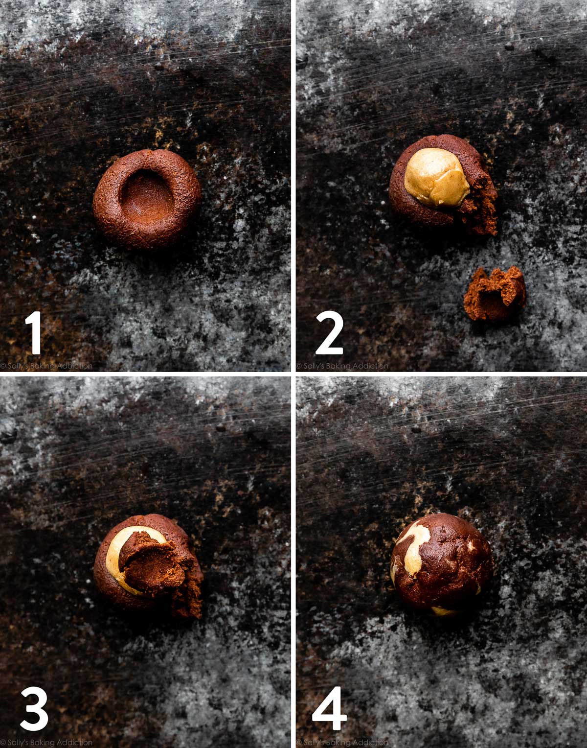 photo collage displaying the order of shaping the brownie dough balls