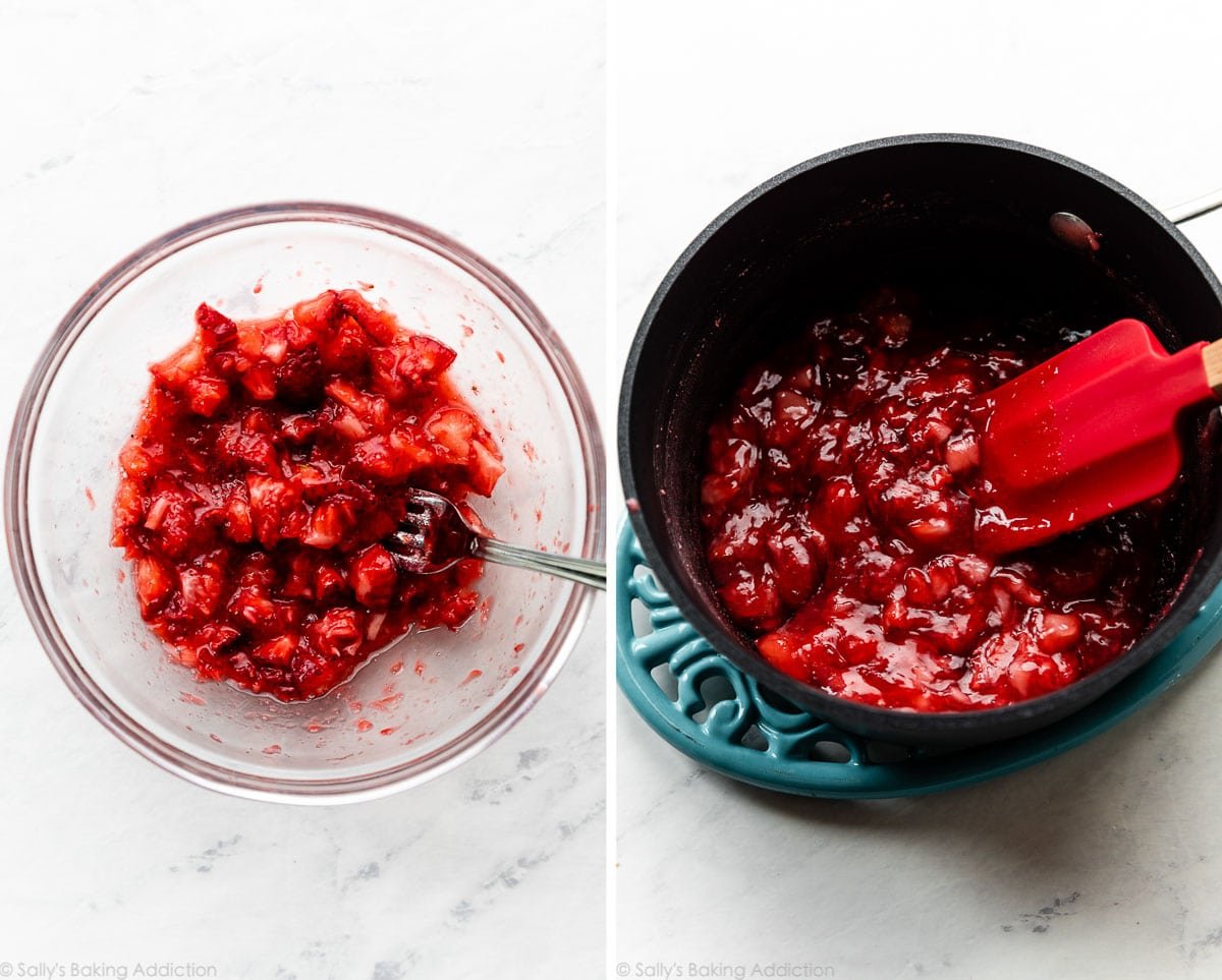 mashed strawberries and then shown cooked down with sugar and cornstarch in pot