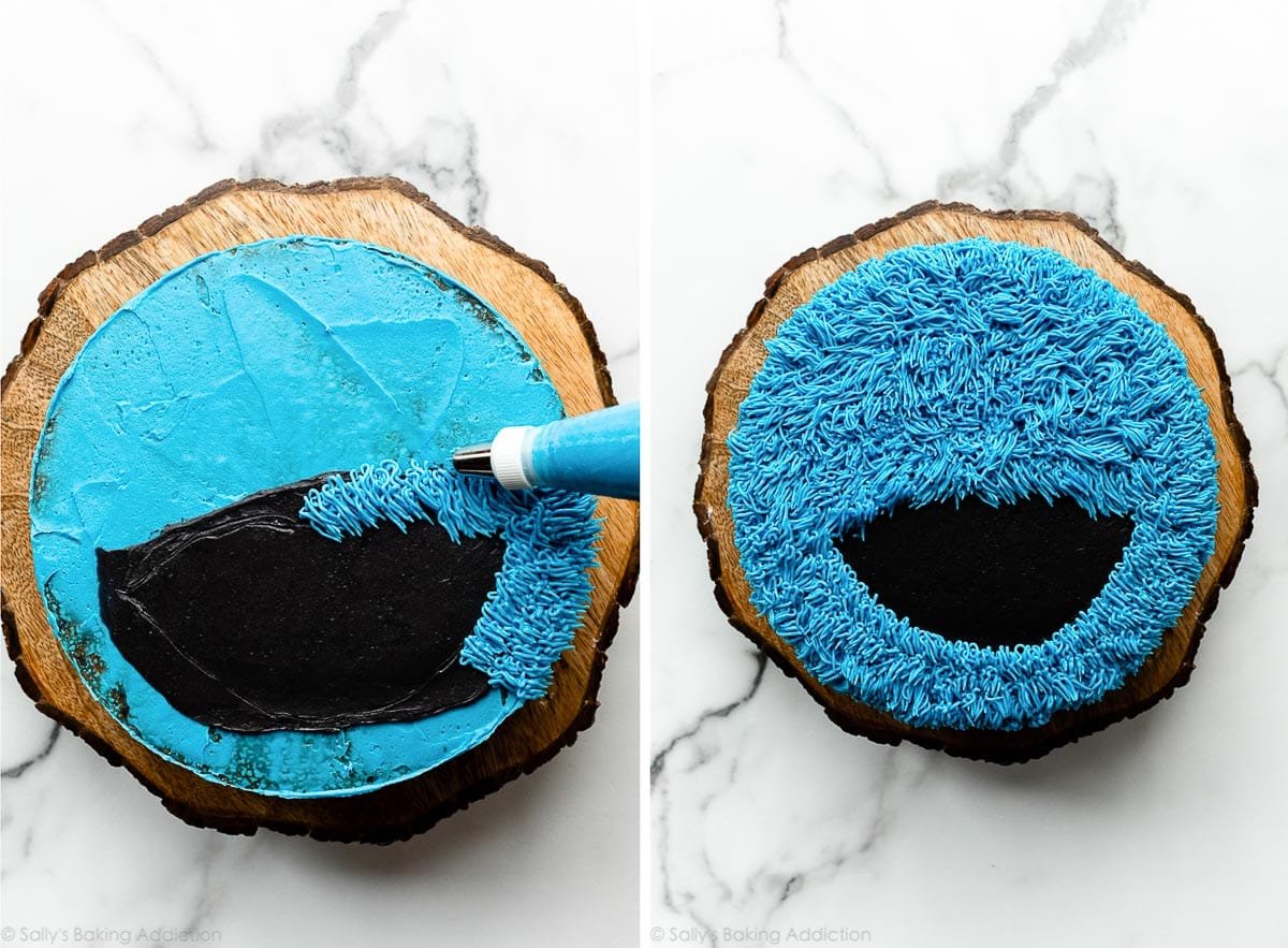 applying the blue frosting "fur" on cookie monster cake.