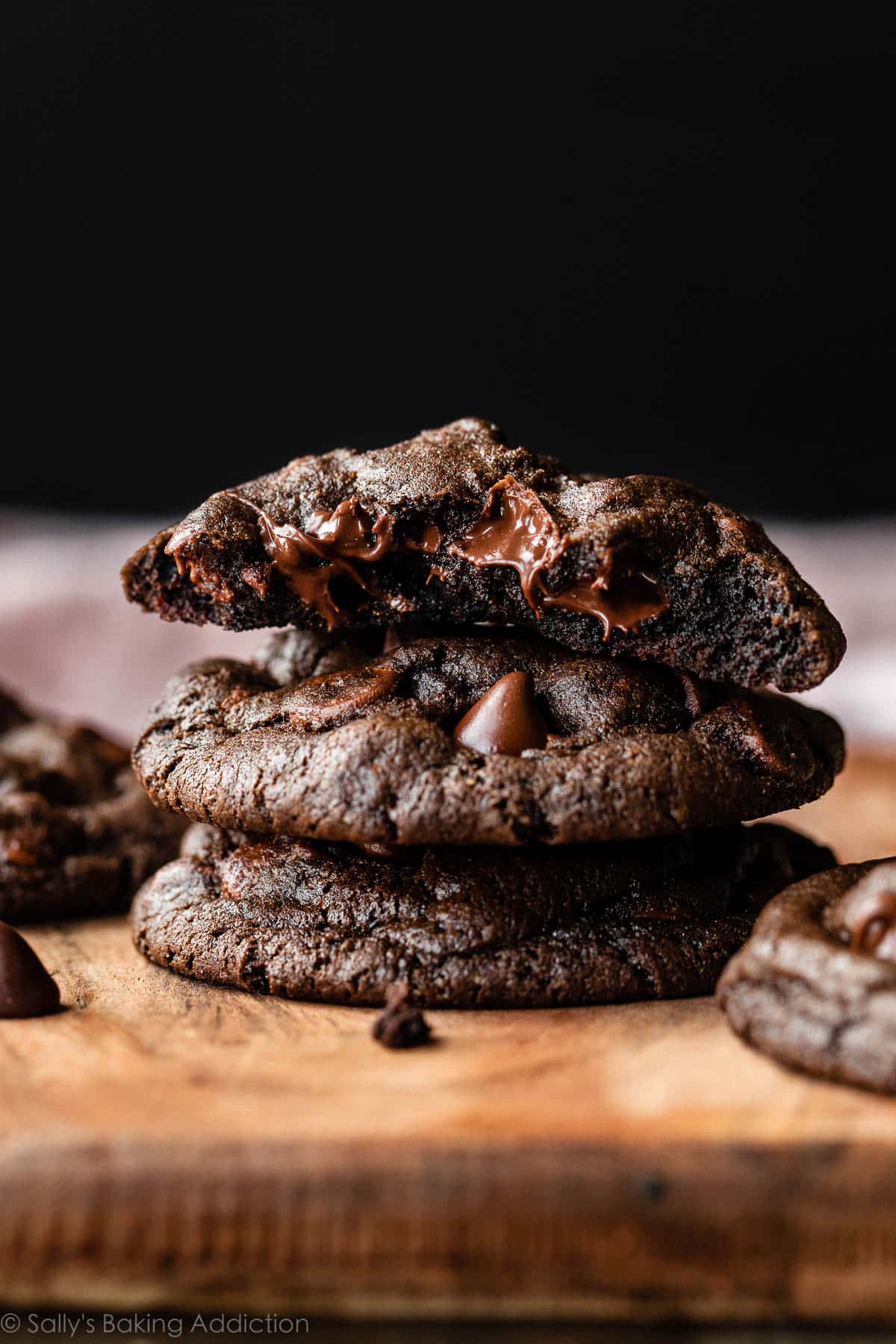 stack of 3 double chocolate chip cookies.