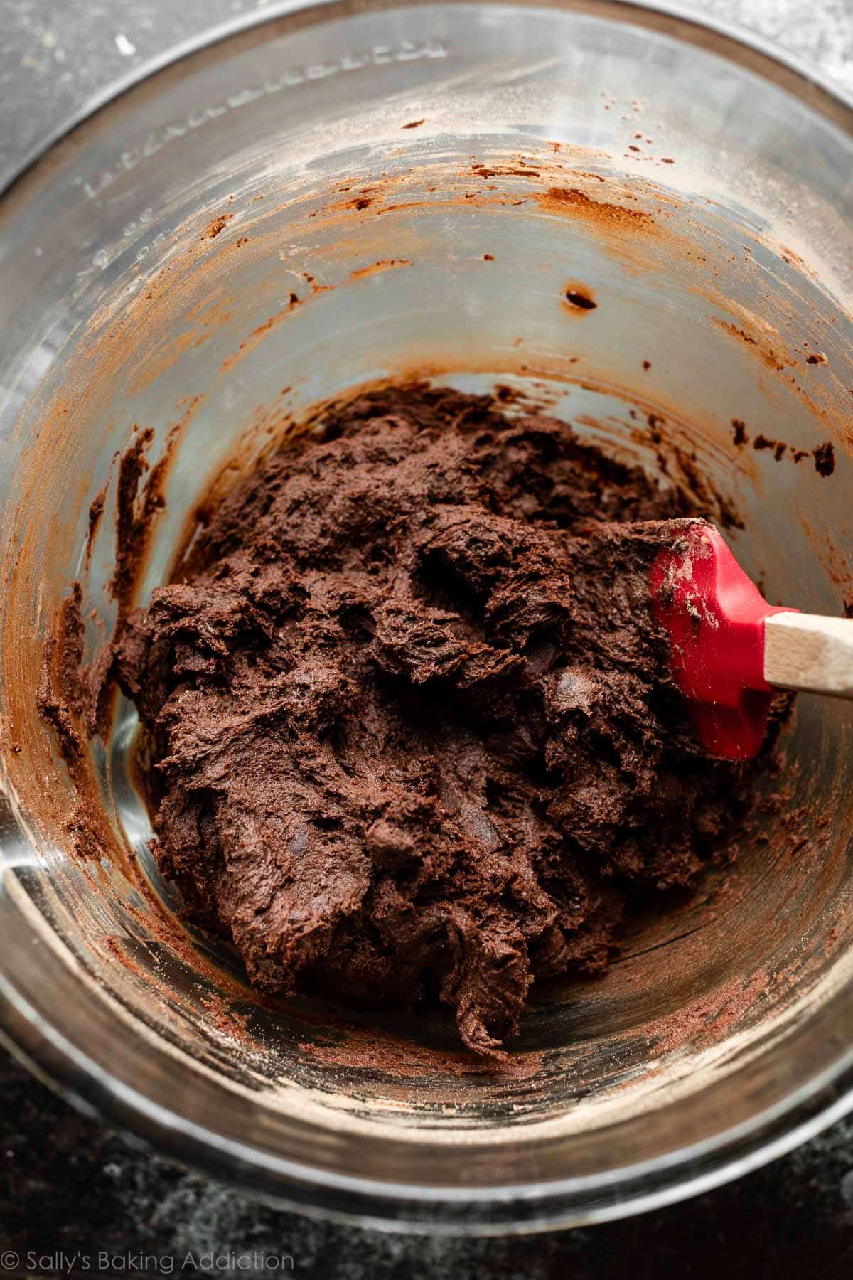 chocolate cookie dough in glass bowl.