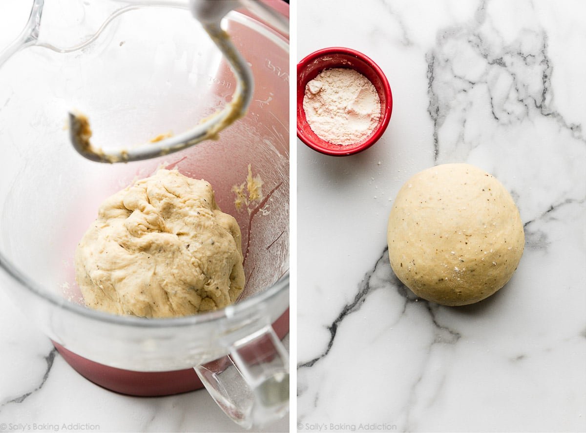 dough mixture in stand mixer bowl and shown again after kneading on counter.