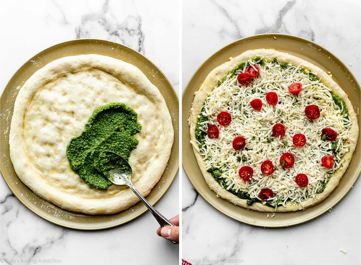 spreading pesto on dough and then shown again topped with cheese and sliced cherry tomatoes.