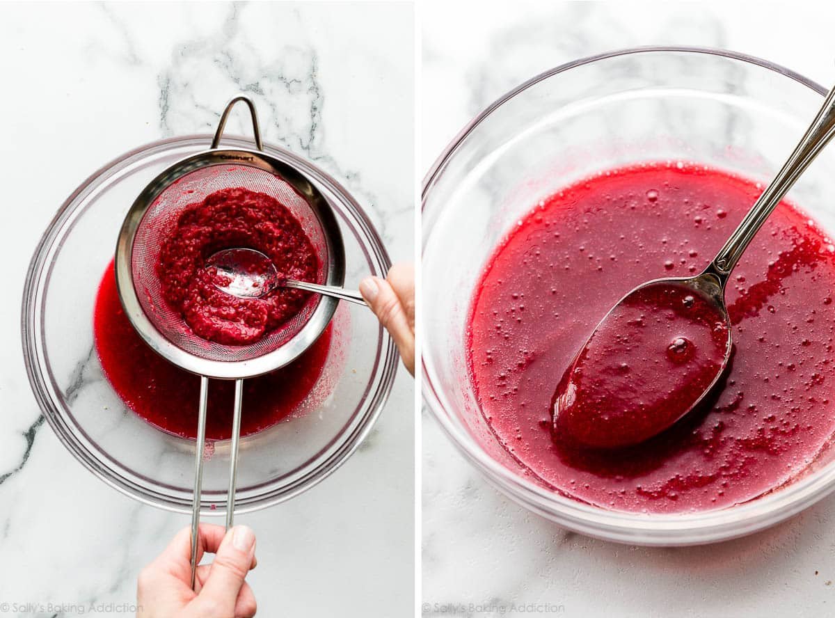 raspberry sauce being strained through a sieve and shown again without seeds in glass bowl.