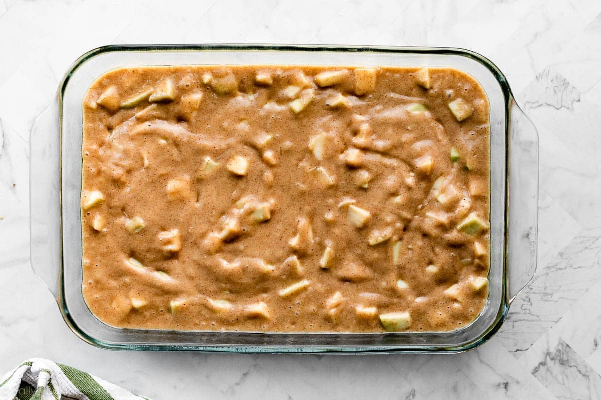 cake batter in glass baking dish before baking.