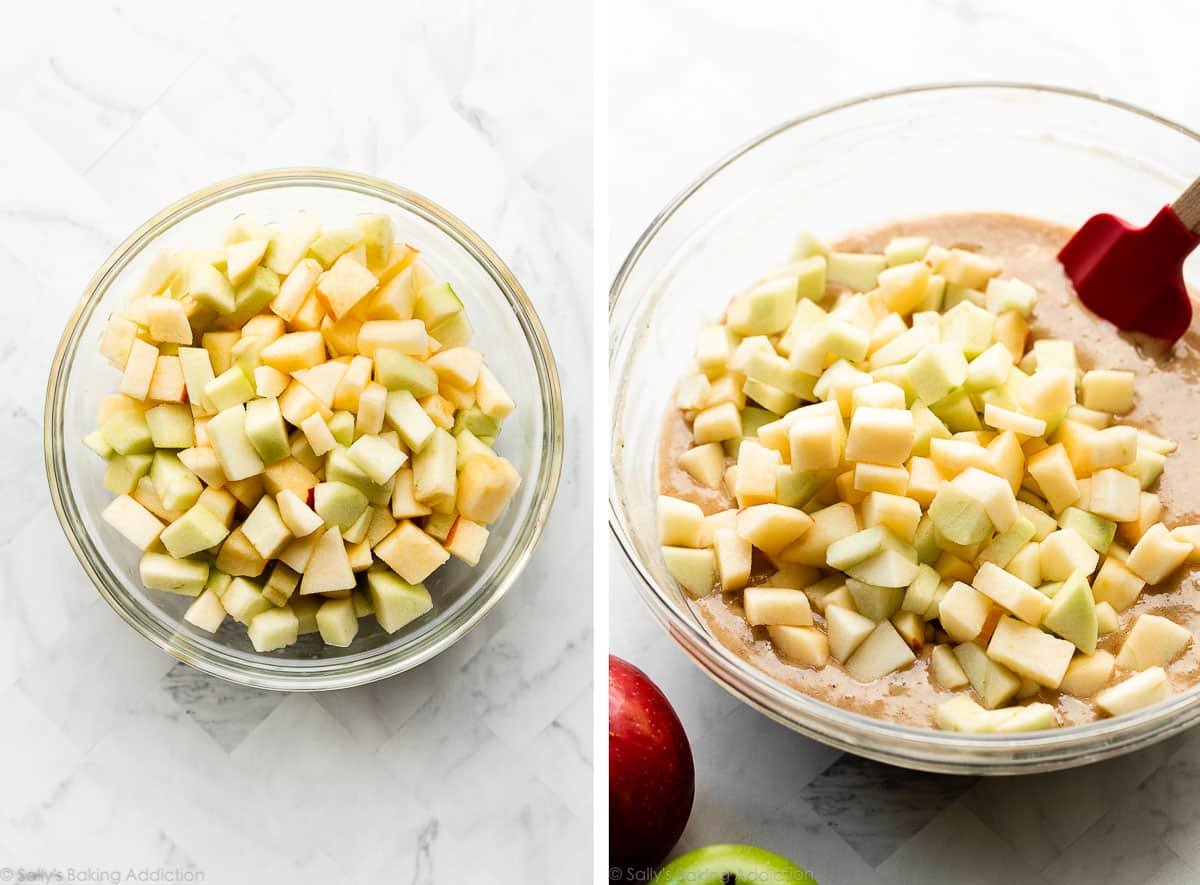 apple chunks in glass bowl and poured on top of cake batter.