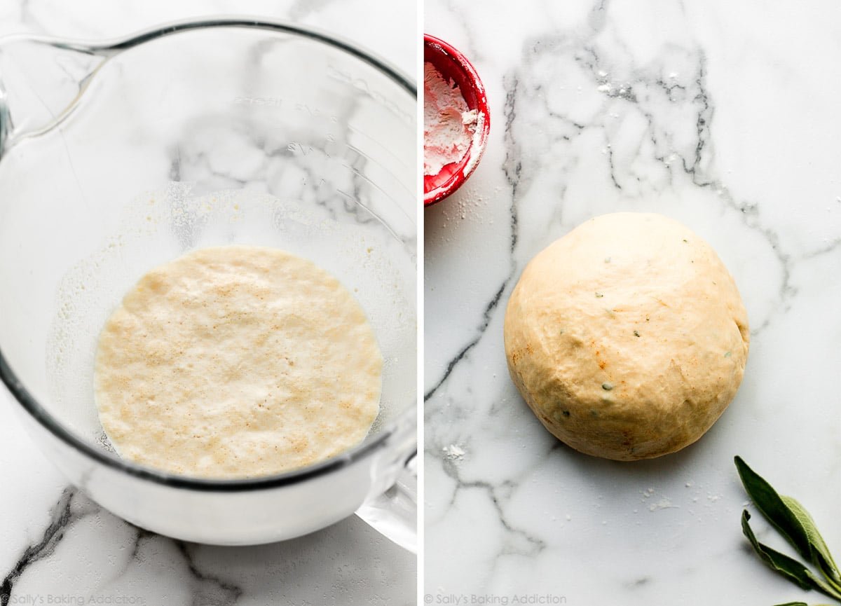 proofed yeast mixture in bowl and dough pictured on marble counter.