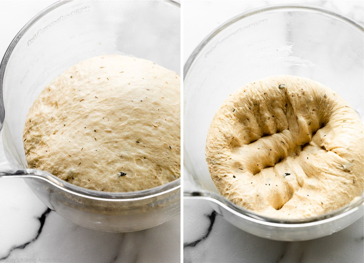 dough in glass bowl risen and shown again punched down.