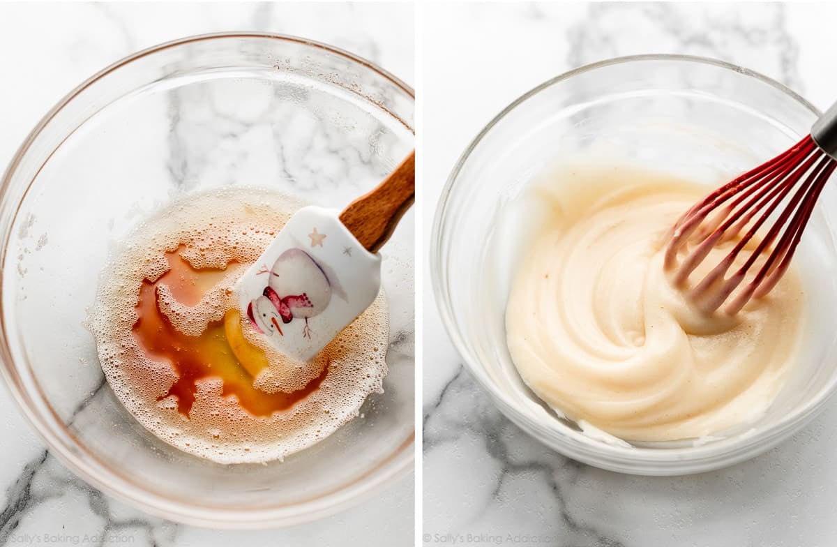 bowl of brown butter and another photo showing brown butter icing in glass bowl.