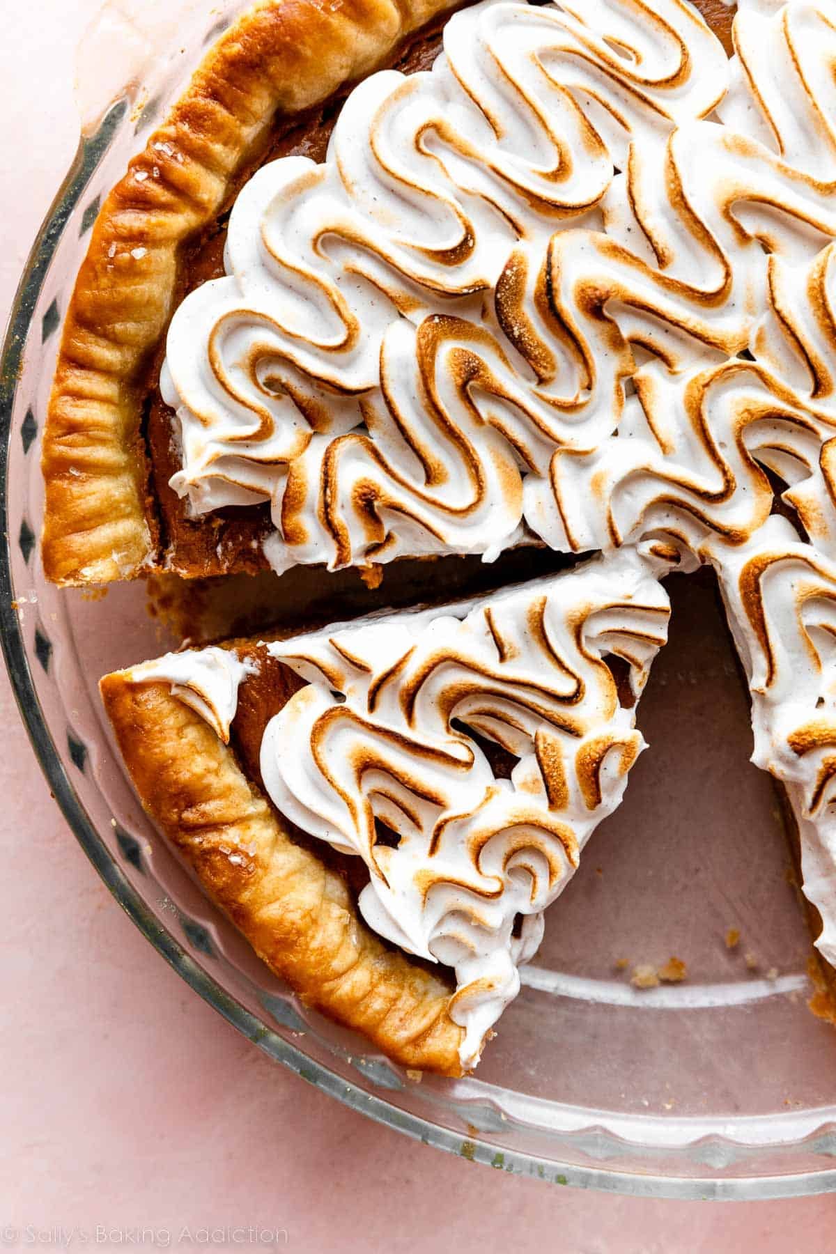 toasted meringue piped in zig-zags on top of pumpkin pie.