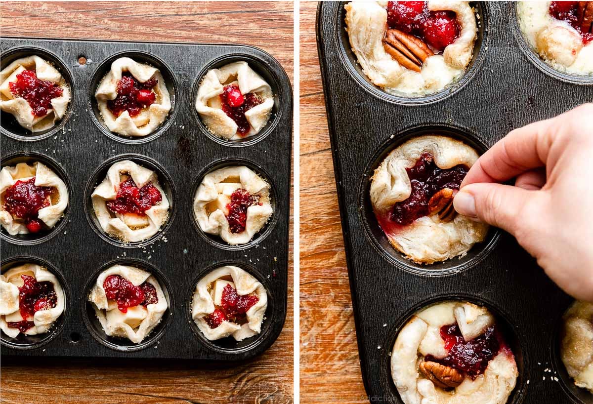 assembled cranberry sauce and brie tarts in a muffin pan and shown again placing a pecan in each.