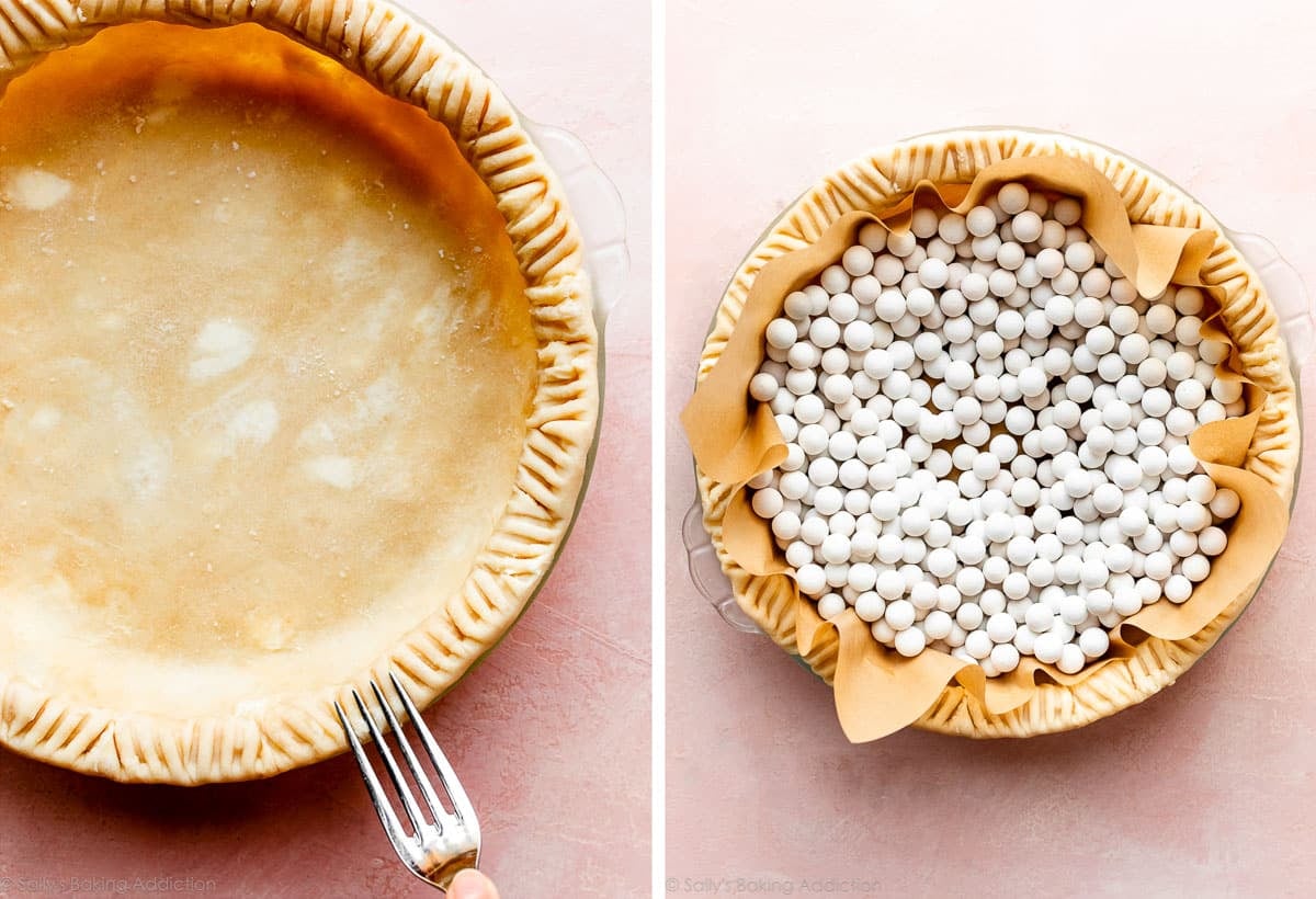 crimping edges of pie dough with fork and pie dough shown again with pie weights inside.