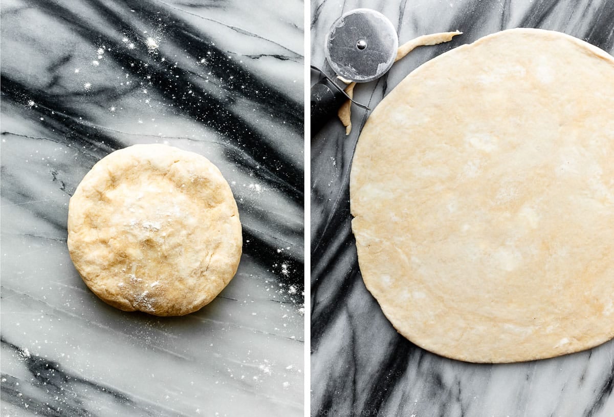 pie galette dough in disc on marble counter and shown again rolled out.